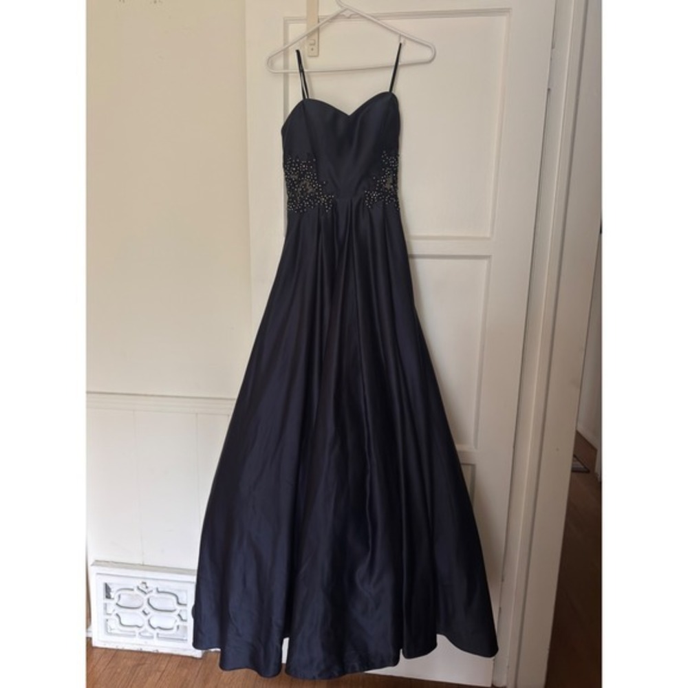 Blondie nite Navy Blue Satin Ball Gown Beaded Lace Waist Formal Evening Dress - Picture 6 of 11